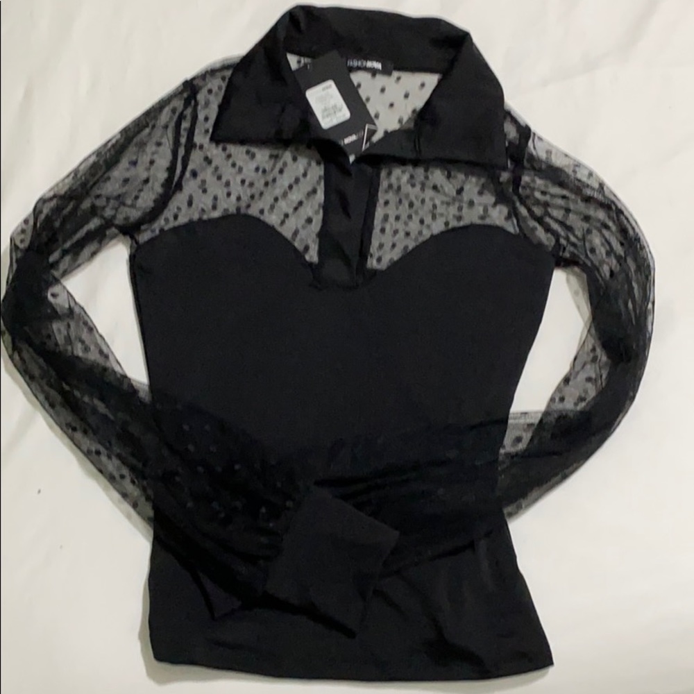 Black mesh polka dot top XS NWT!